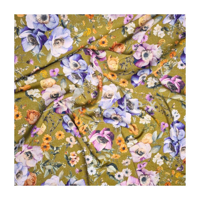 Viskoseprint Blumen Glitzer olivgrün