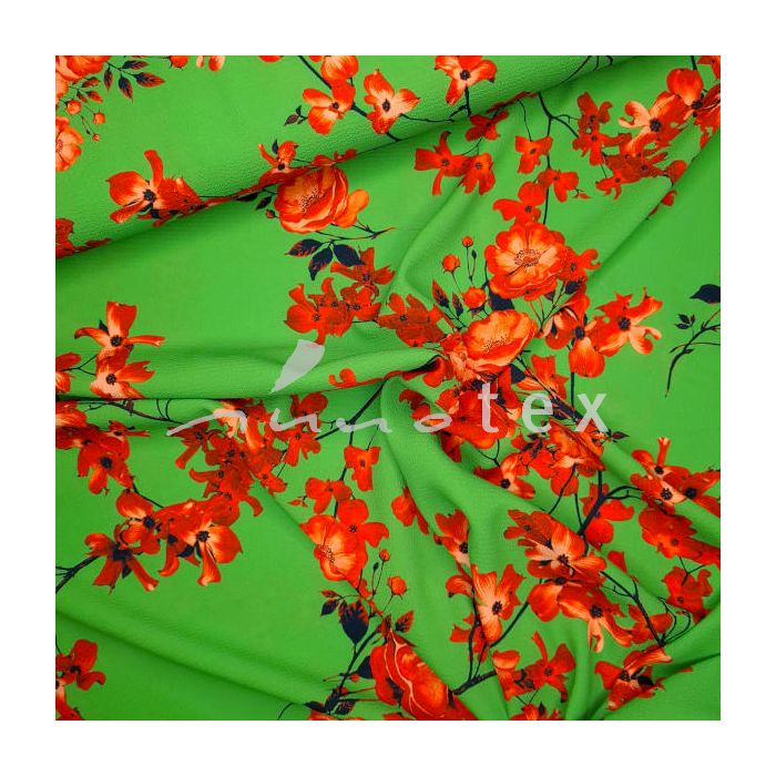 Kreppstoff, Blumenprint grün-rot