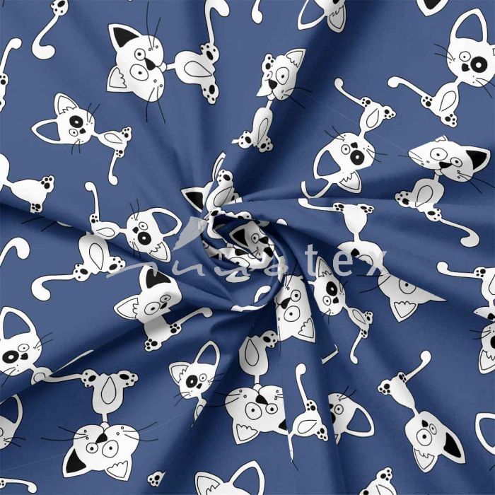 French Terry, Sweatware, freche Katzen, blau