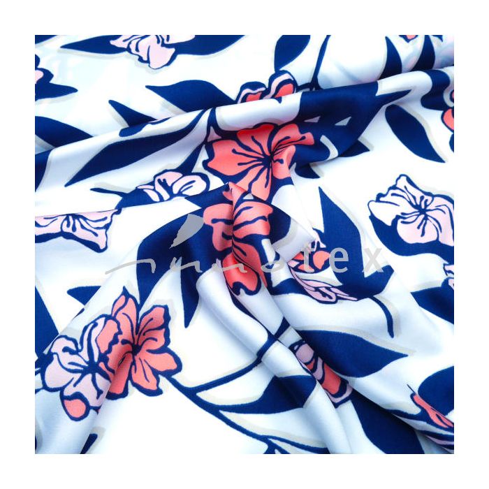Kreppstoff, Blumen marineblau-lachsrot