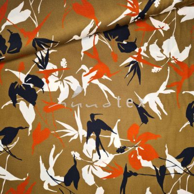 Viskoseprint mit Blumen und Vögeln - braun