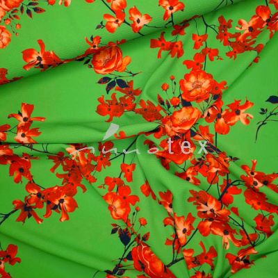 Kreppstoff, Blumenprint grün-rot
