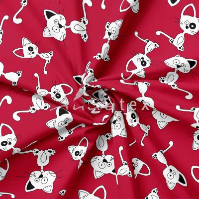 French Terry, Sweatware, freche Katzen, rot