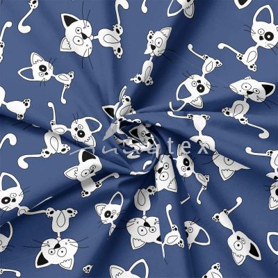 French Terry, Sweatware, freche Katzen, blau