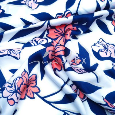 Kreppstoff, Blumen marineblau-lachsrot